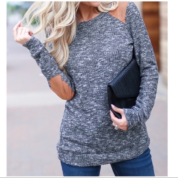SOLD OUT CLEARANCE Charcoal Suede Patch Two Tone Knit Sweater Top - Picture 2 of 2